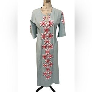 Frances Valentine Embroidered Midi Dress Linen Cotton Pockets Side Slit XXS
